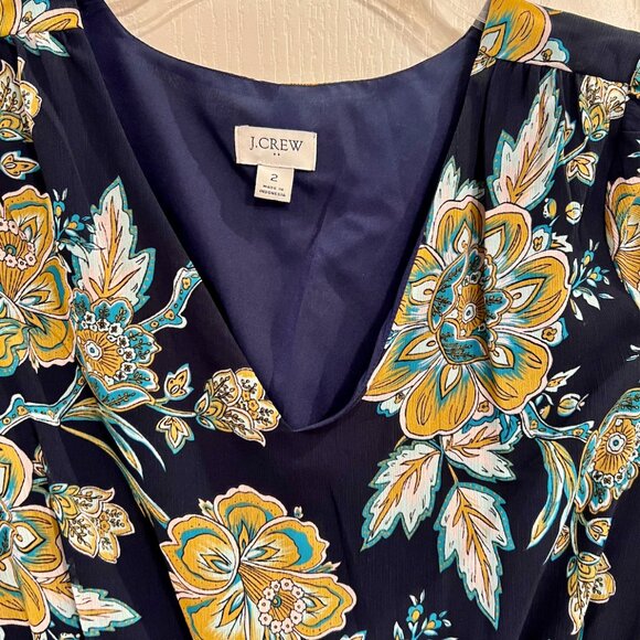 J Crew Mini Navy Blue Floral Dress 3/4 Sleeve   Size 2 - Picture 3 of 8